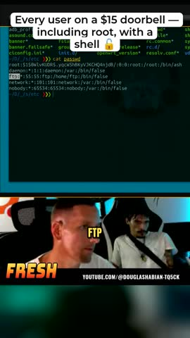 Short: a terminal dumping the password file above two people in the room.